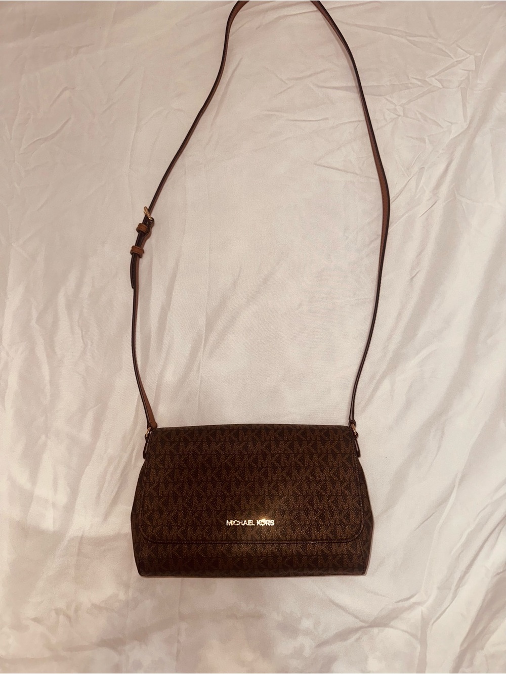 Michael Kors Brown MK Monogram Crossbody with Gold Logo